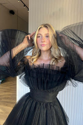 Black Homecoming Dress A-Line Detachable Long Sleeves Tulle Short Prom Dress